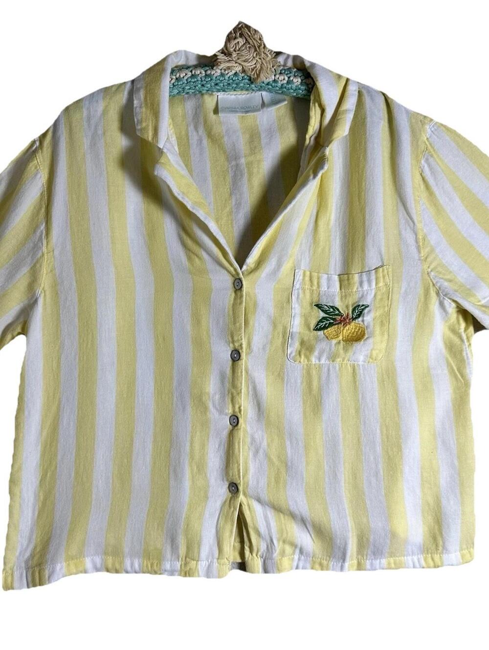Cynthia Rowley Lemon Embroidery Yellow   Stripe Crop Top Soft Cotton Summer Sz L